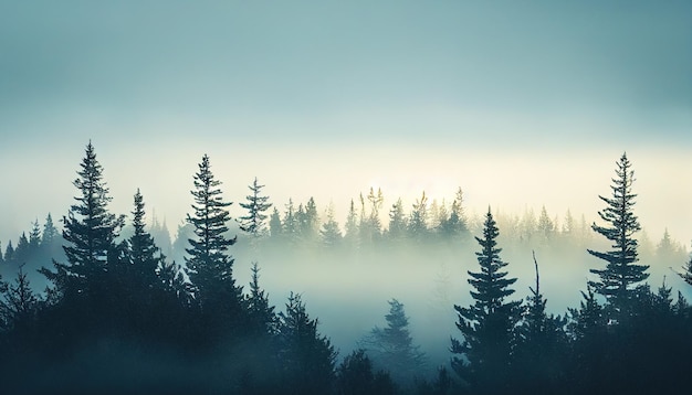 dark tree tops in heavy morning fog landscape forest background wallpaper generative AI