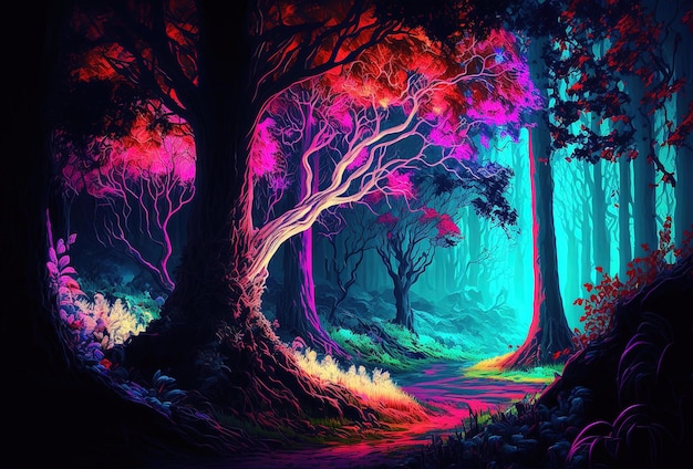 The dark trees are illuminated by multicolored psychedelic neon light A fairytale forest a surreal mystical landscape A mysterious path through the thicket 3D rendering AI generated