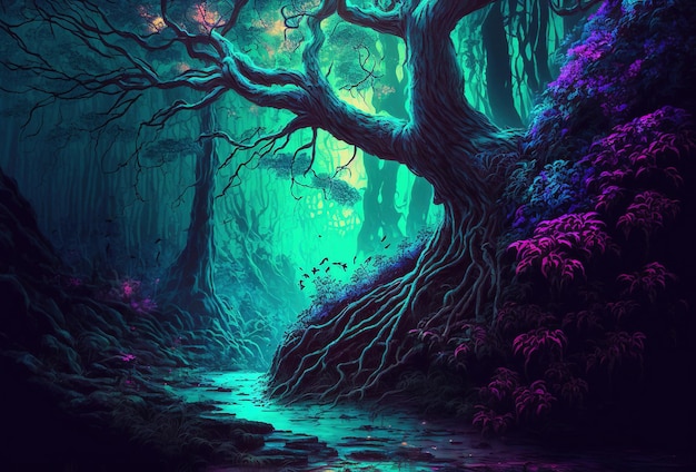 The dark trees are illuminated by multicolored psychedelic neon light A fairytale forest a surreal mystical landscape A mysterious path through the thicket 3D rendering AI generated