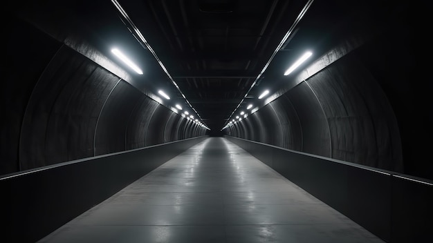 A dark tunnel with lights on the ceiling and a dark background.