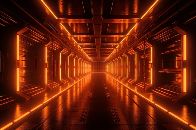 A dark tunnel with orange lights on the wall