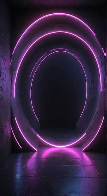 a dark tunnel with a purple circle and a pink light