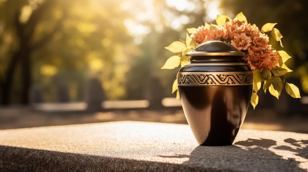 Photo dark urn for ashes with flowers stands in a cemetery on an autumn day with space for text