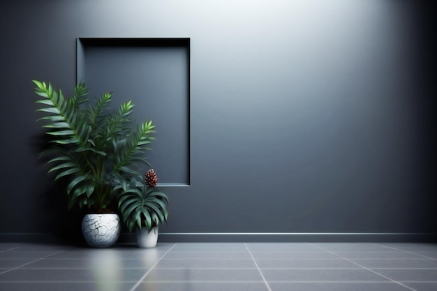 dark wall empty room with plants on a floor, 3d rendering in minimalist style