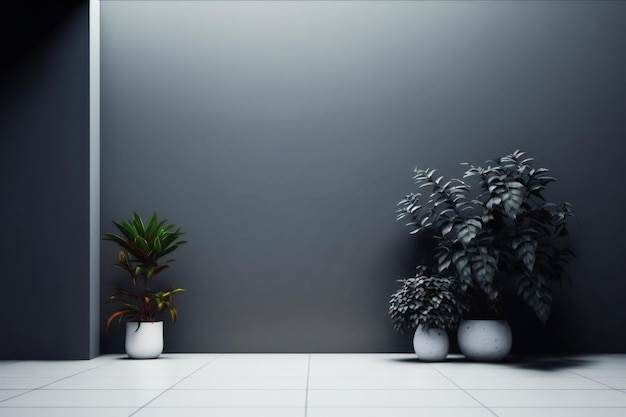 dark wall empty room with plants on a floor, 3d rendering in minimalist style