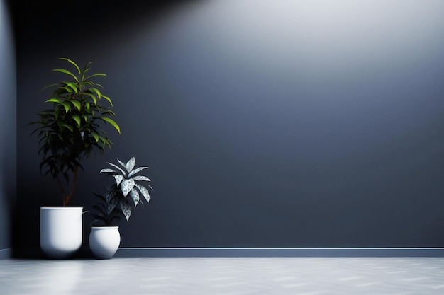 dark wall empty room with plants on a floor, 3d rendering in minimalist style