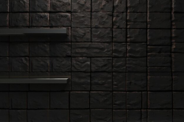 Photo a dark wall with a black wall and two shelves