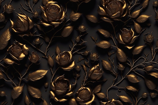 A dark wallpaper with gold flowers and leaves.