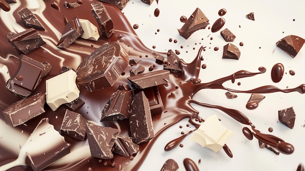 dark and white chocolate pieces falling on chocolate