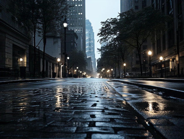 A dark winter city road with streetlights