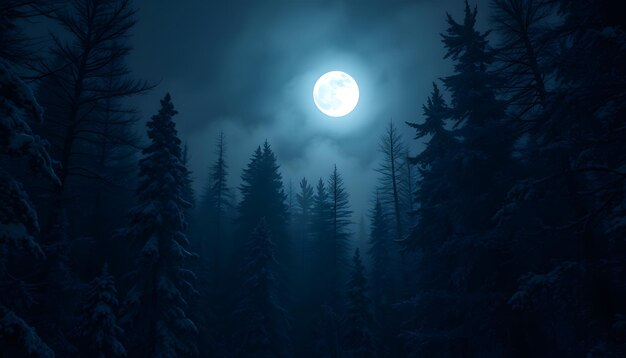 Photo dark winter forest background at night snow fog moonlight dark abstract winter forest