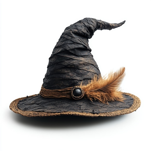 Photo dark witch hat with feather on white background