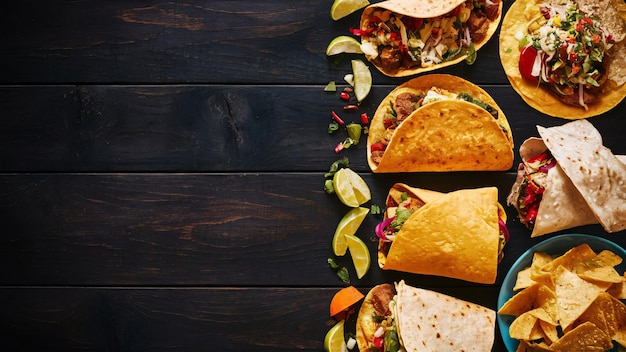 A Dark Wood Background With a Mexican Food Tacos Burritos Quesadillas and Nachos