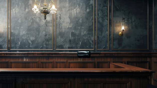 Photo a dark wood judges bench with a gavel on it behind the bench is a dark green wall with two sconces