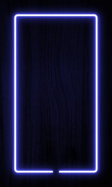 Photo dark wood wall background blue neon light and rectangle shape with vertical banner