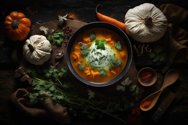 Dark wooden background with pumpkin and carrot soup and tadka with cream and parsley looking up