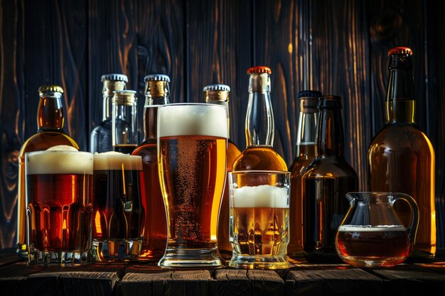 dark wooden background with various types of alcohol bottles and glasses one glass filled with beer