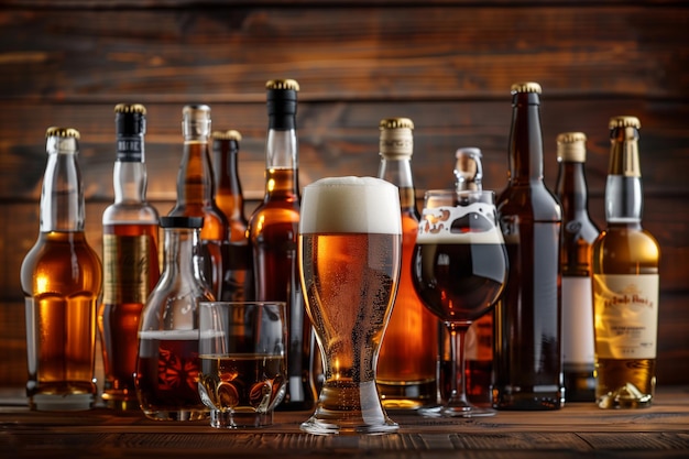 dark wooden background with various types of alcohol bottles and glasses one glass filled with beer