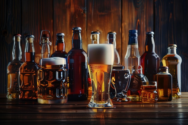 dark wooden background with various types of alcohol bottles and glasses one glass filled with beer