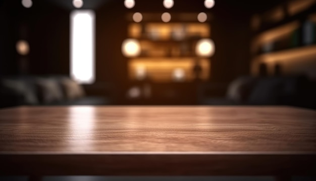 Dark wooden empty table for product display with blurrd living room background Generative AI