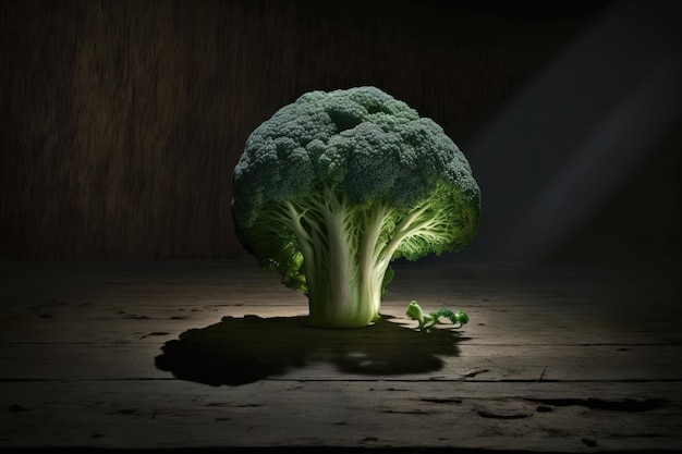 On a dark wooden table a fresh head of broccoli sits out in the open perspective from on high