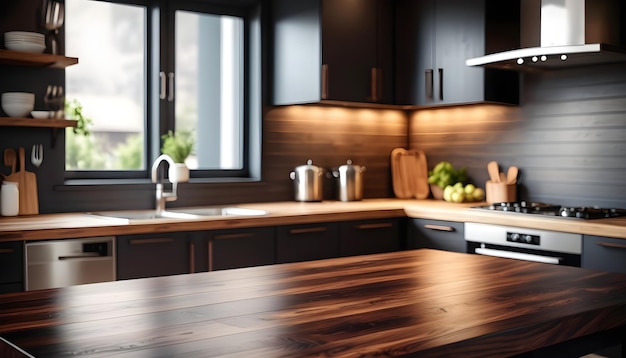 Dark wooden table top on blur kitchen room background contemporary kitchen room interior