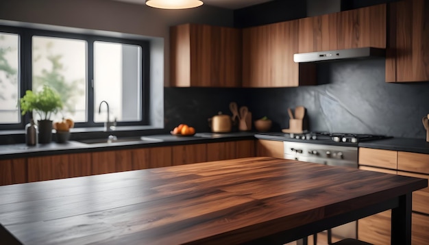 Dark wooden table top on blur kitchen room background contemporary kitchen room interior