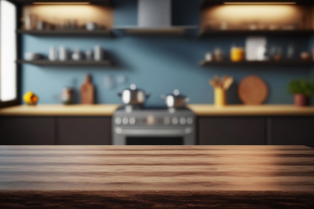 dark wooden table top on blur kitchen room background