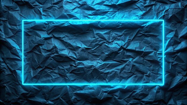 Dark wrinkled paper background blue neon light and rectangle shape with horizontal banner