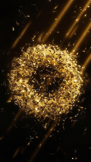 Dark yellow gold particle form abstract background with falling and flicker light beam ray particl