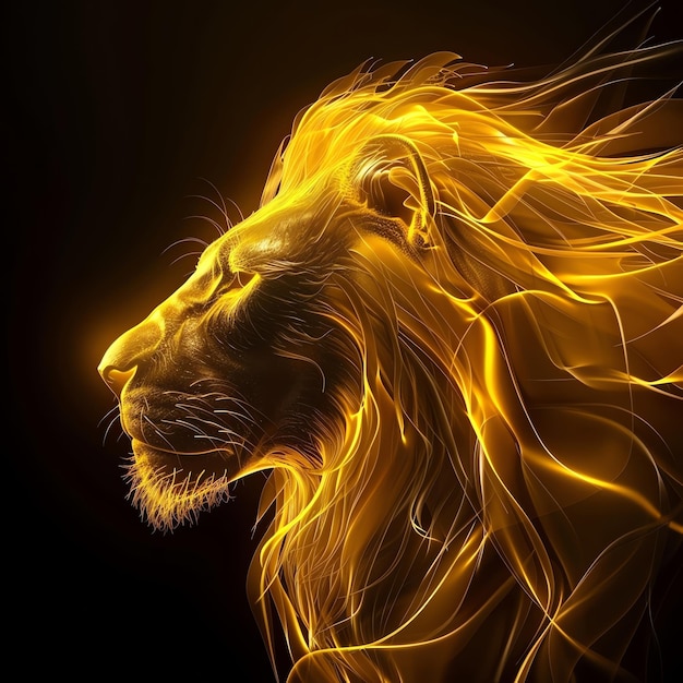 Photo dark yellow gradient background lion of golden light and technological computational golden tones minimalism dark yellow background 3d rendered