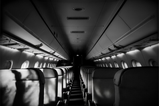 Darkened aircraft interior with rows of seats and narrow aisle