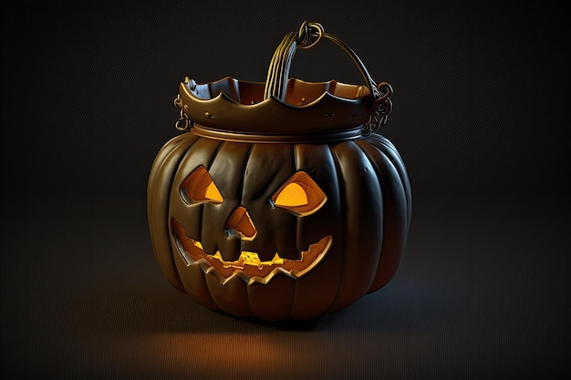 On a darkened background a floating jack o lantern pumpkin bucket celebrates Halloween