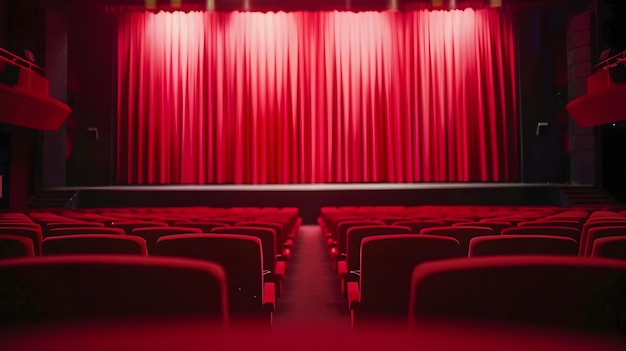 Darkened empty movie theatre and stage with the red curtains drawn viewed over rows Generative AI