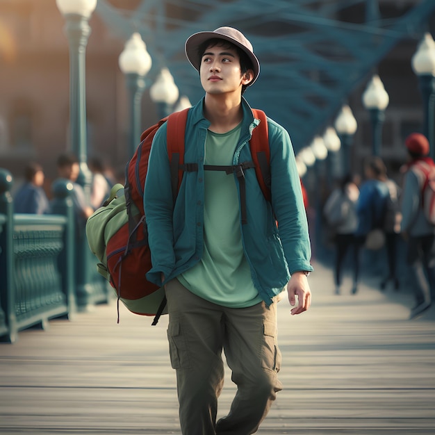 A Darkhaired Chinese Man Wears a Green Hat a Blue Backpack