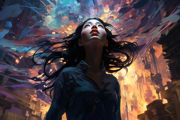 Darkhaired young woman against the background of a futuristic city and bright colorful multicolored splashes and radiance The girl looks in surprise at the fantastic phenomena Scifi illustration