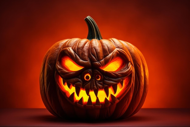 Darkly comical Halloween pumpkin smirks on a red backdrop Generative AI