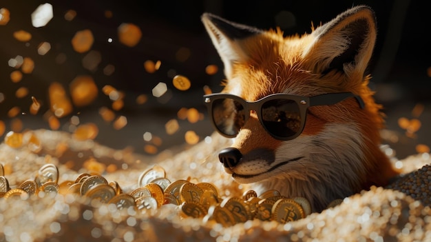 In the darkness a 3D fox on vacation wears sunglasses sifting through bitcoin sand the savvy investor at play