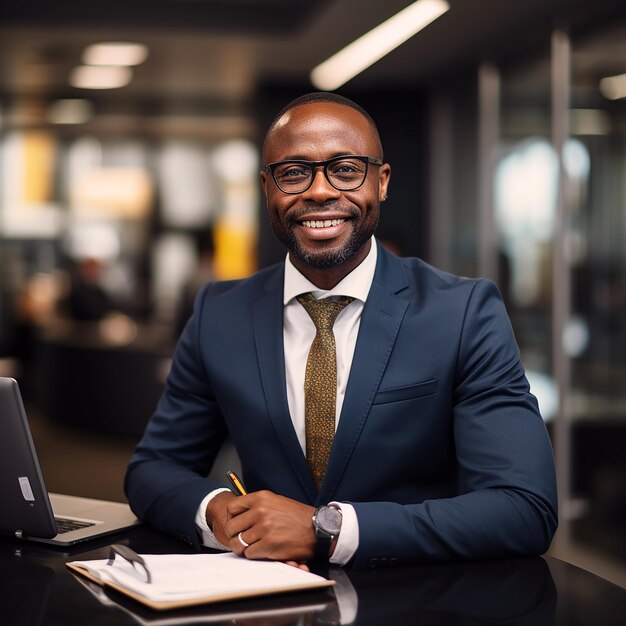 Darkskinned AfricanAmerican man smiling a businessman in an office at a desk with a laptop