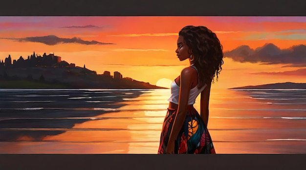 a darkskinned girl on the background of a sunset