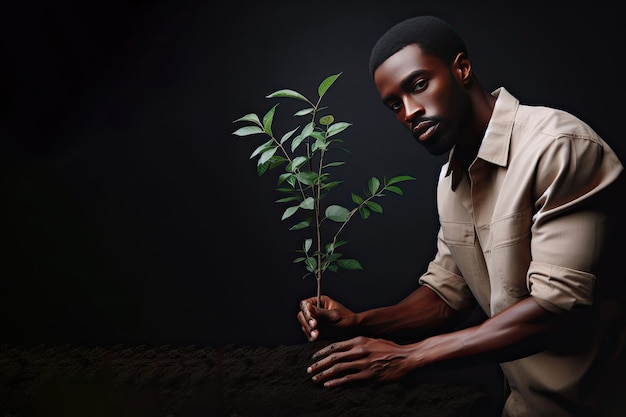 A darkskinned man plants a green seedling in the ground