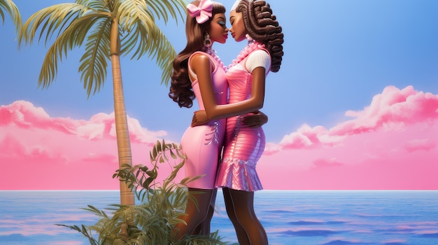 Darkskinned retro girlfriends on vacation by the sea