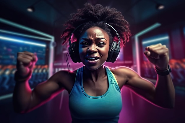 Darkskinned woman in good mood raises arm with muscles has strong body dressed in gym outfit listens audio via modern headphones poses indoors Fitness and music concept Generative AI Technology