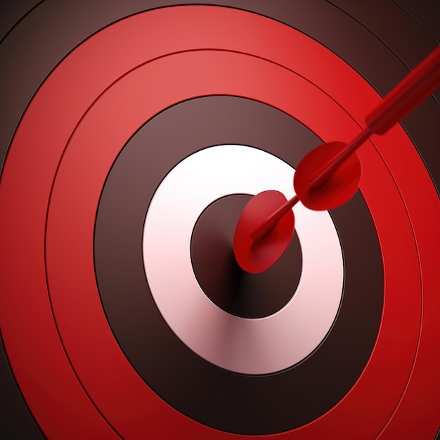 The dart center of the red dart arrow with a close up lens the metaphor of the successful goals the concept of winners