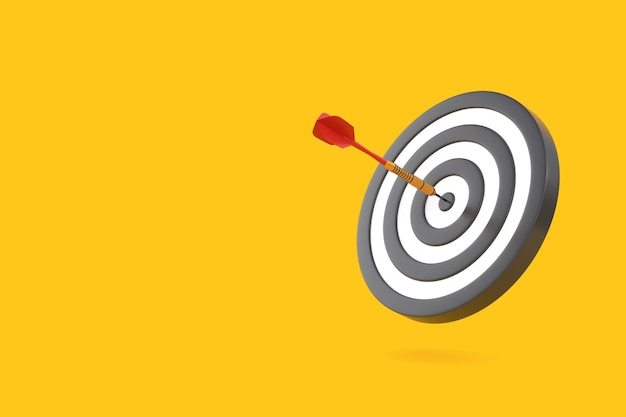 Dart hitting a target on the center on yellow background with copy space 3D render illustration