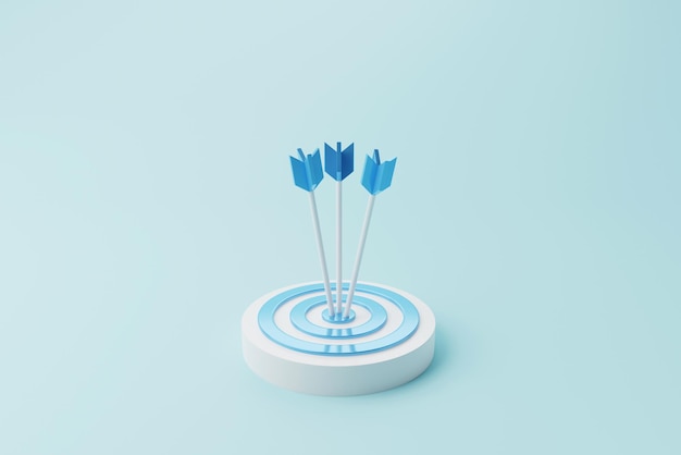 Dartboard and arrow on cyan background Minimal design 3d rendering illustration