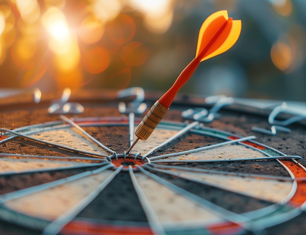 Photo darts arrow hit the center of the target on a gray circle with a white patterned background