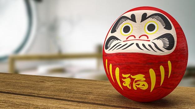 Daruma Japanese doll on wood table 3d rendering