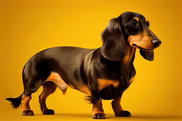 Dasch shund dog sitting on a yellow background