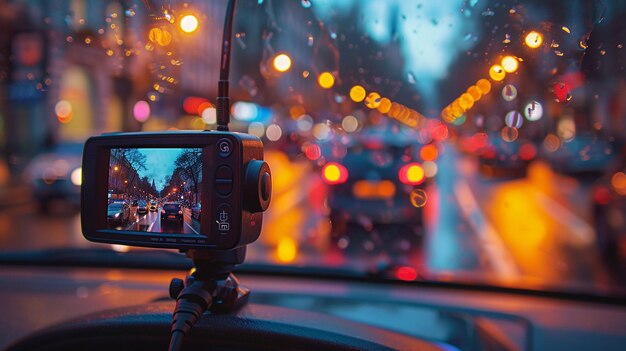 A Dash Cam Mounted On Car Dashboard Background